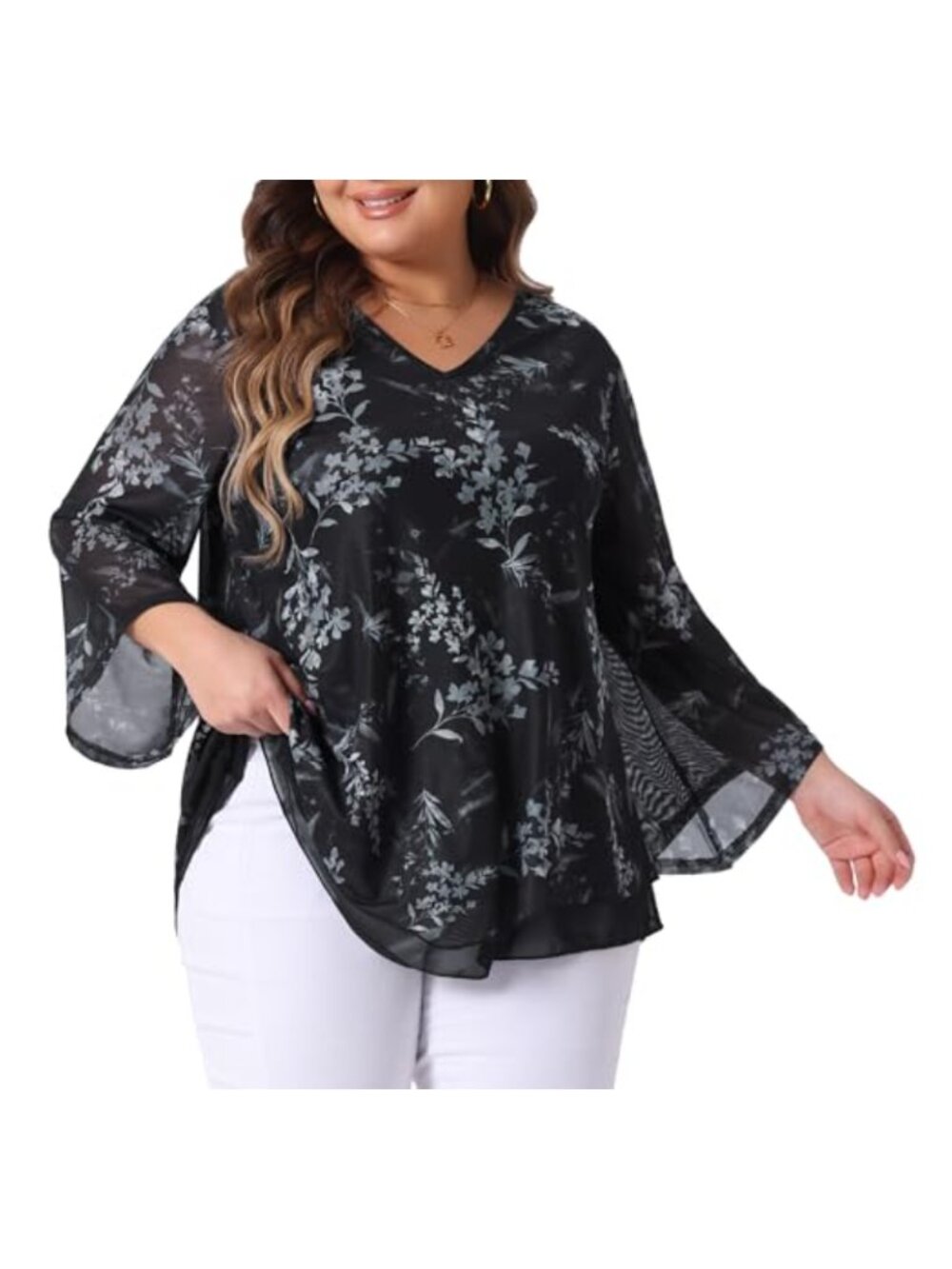 Plus Size Dressy Blouse Mesh Flowy Square Neck 3/4 Sleeve Tunic